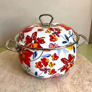 Crofton 4 Quart Floral Casserole Pot with Lid Whote Red Blue 5 x 11 inches